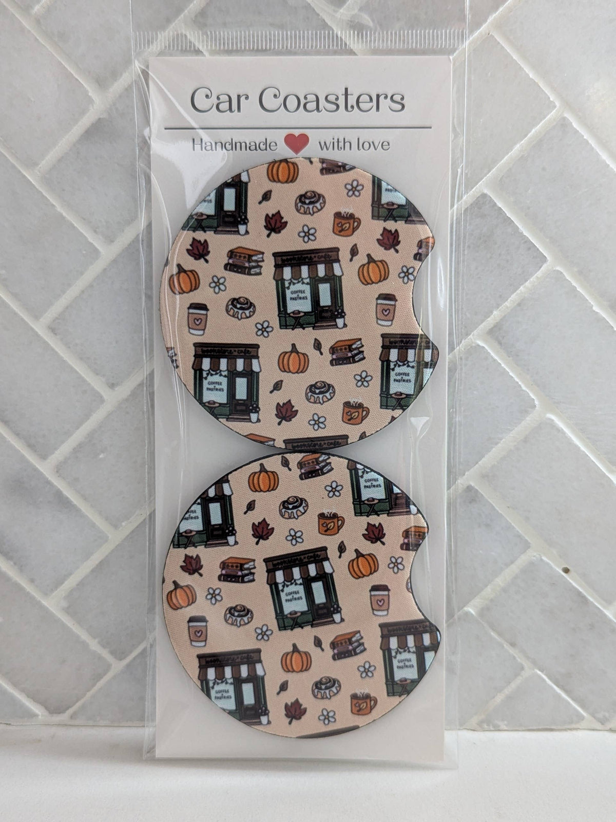 Autumn Bookstore Car Coasters – Set of 2