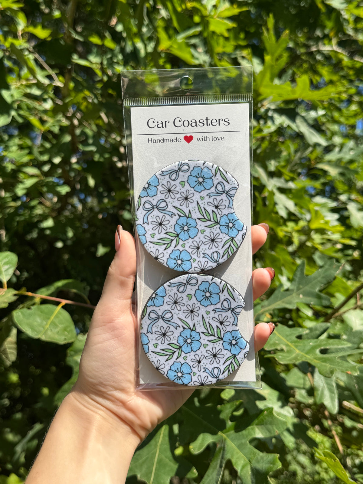 Blue Floral & Bows Car Coasters – Set of 2