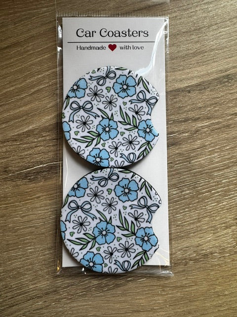 Blue Floral Car Coasters – Set of 2