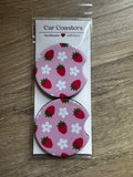 Pink Strawberry Daisies Car Coasters – Set of 2