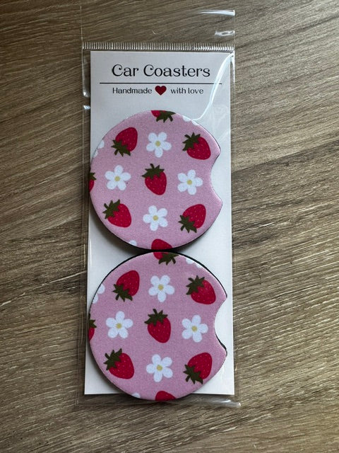Pink Strawberry Daisies Car Coasters – Set of 2