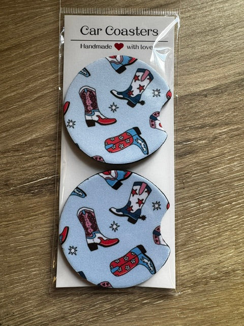 Red White Blue Cowgirl Boots Car Coasters – Set of 2