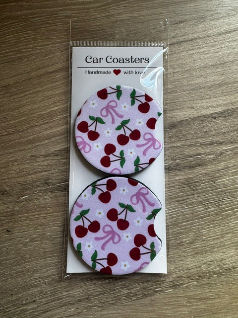 Cherry & Bow Car Coasters – Set of 2
