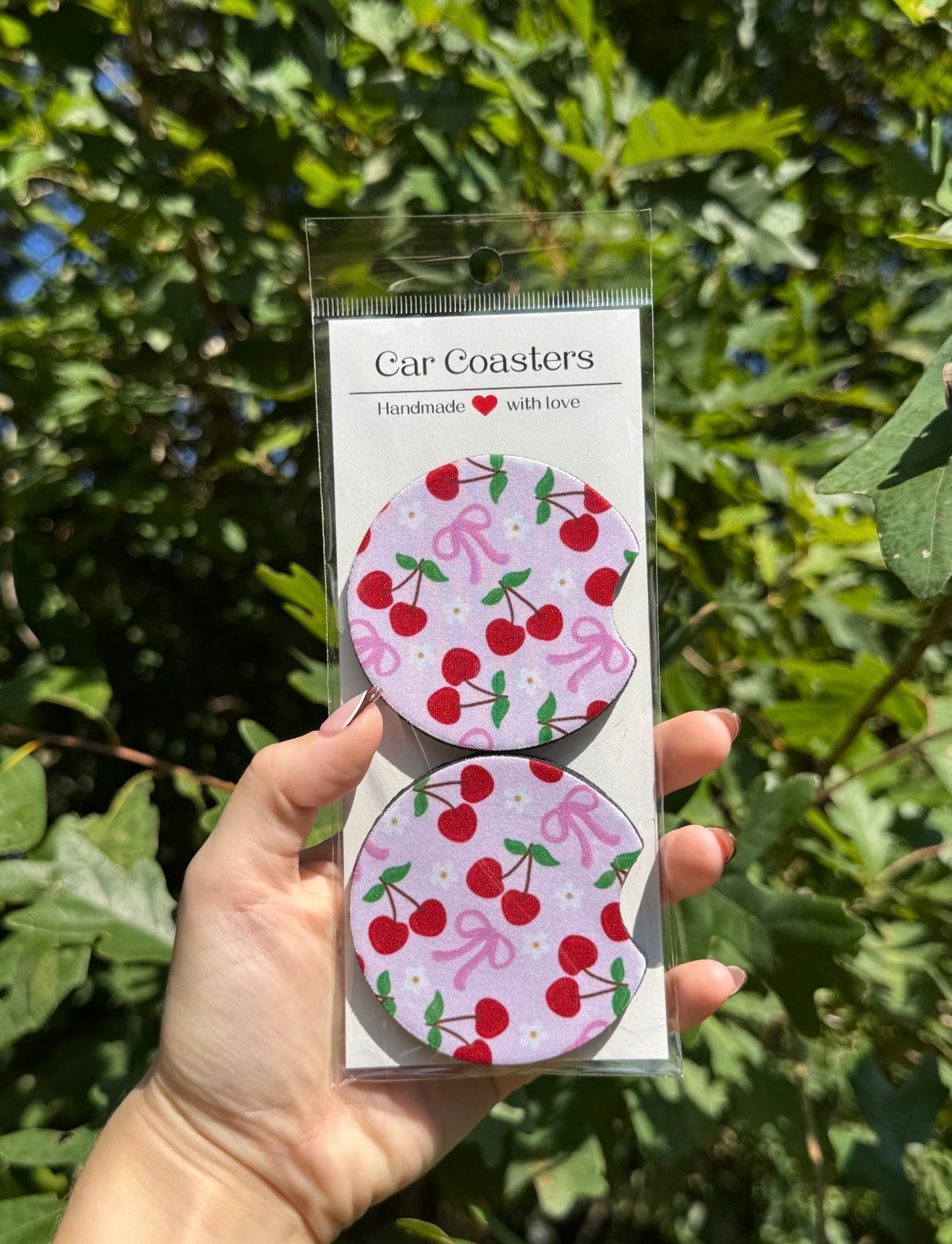 Cherry & Bow Car Coasters – Set of 2