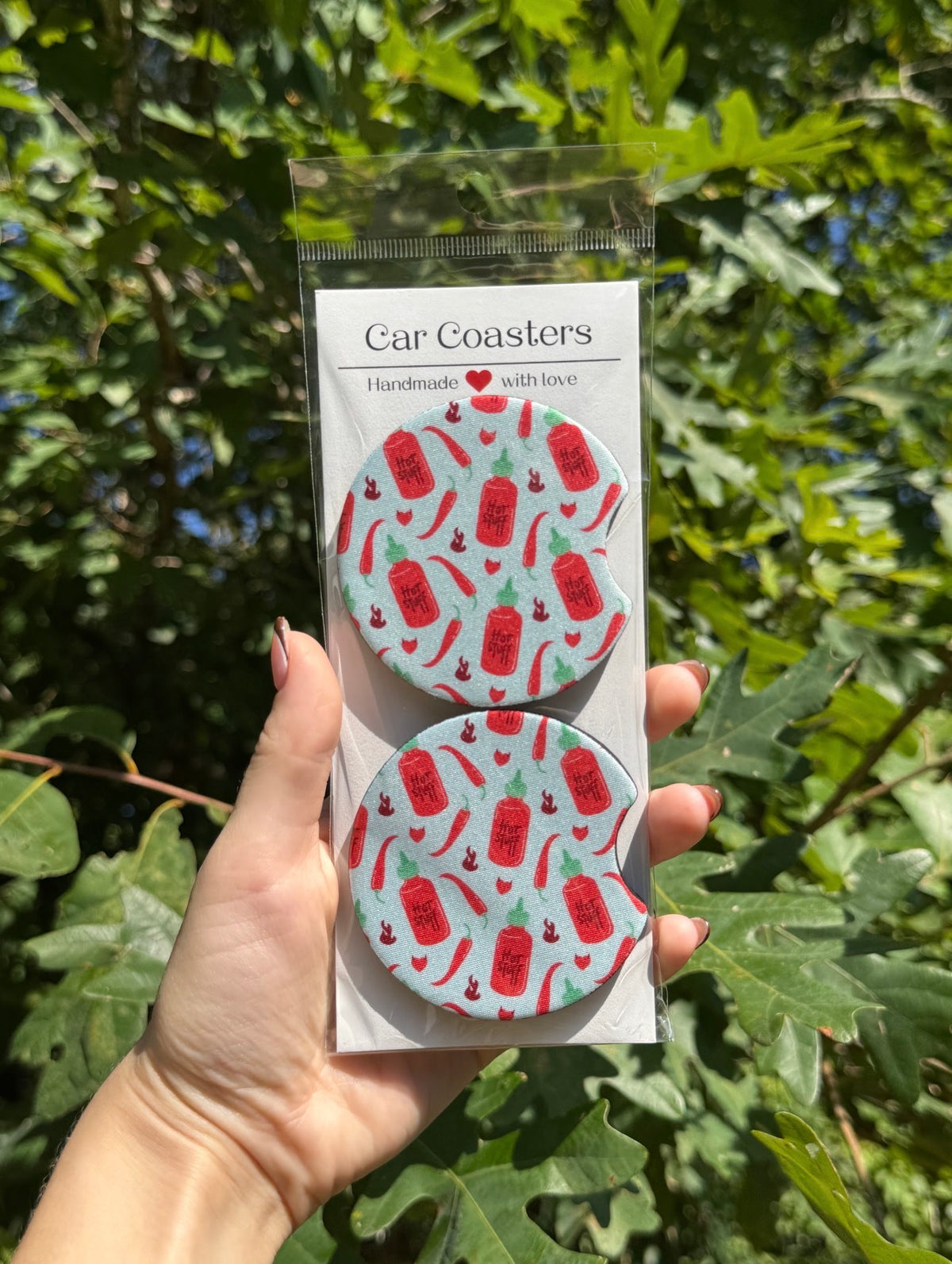 Hot Sauce and Chili Peppers Light Blue Car Coasters