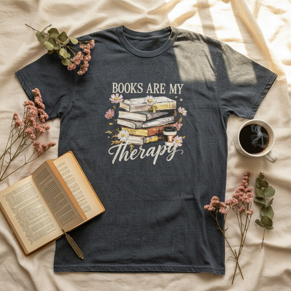 BOOKS ARE MY Therapy gray t-shirt flat lay