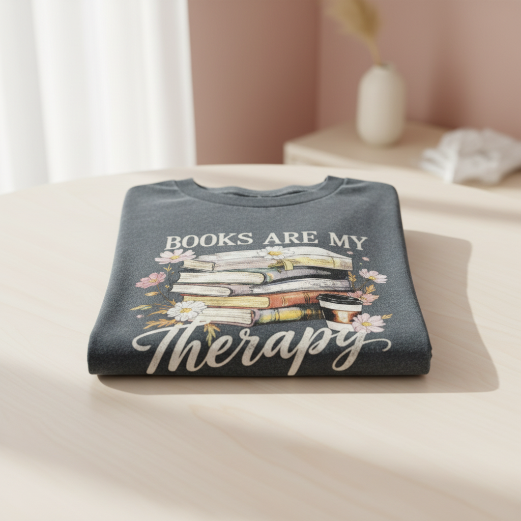 BOOKS ARE MY Therapy gray t-shirt folded