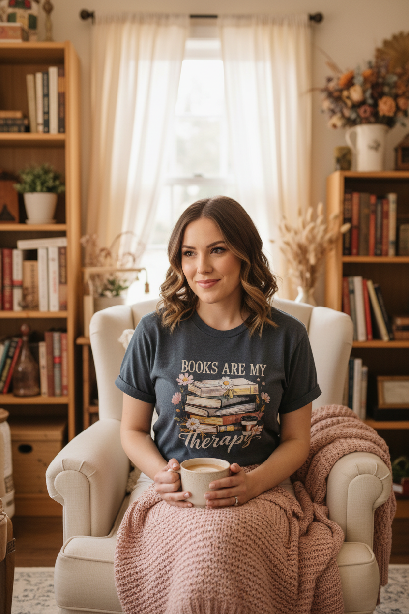 BOOKS ARE MY Therapy gray t-shirt on model