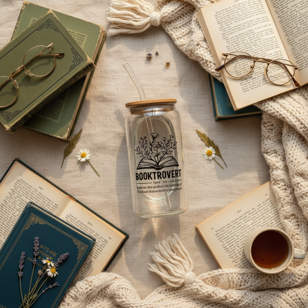 Booktrovert tumbler flat lay
