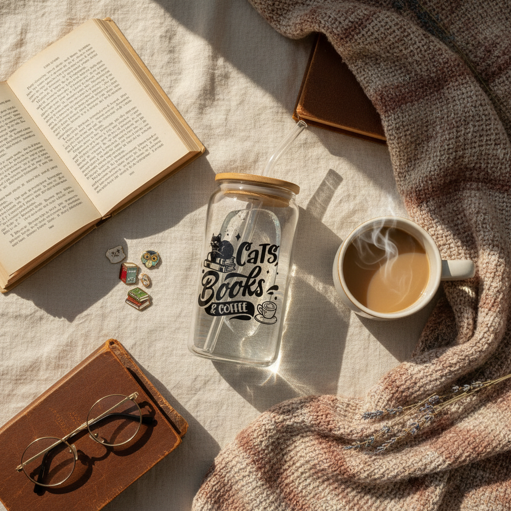Cats Books Coffee tumbler flat lay