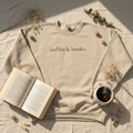 Coffee & books sand sweatshirt flat lay