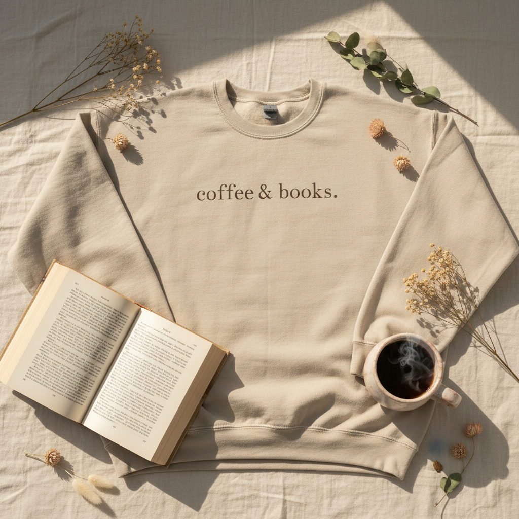 Coffee & books sand sweatshirt flat lay