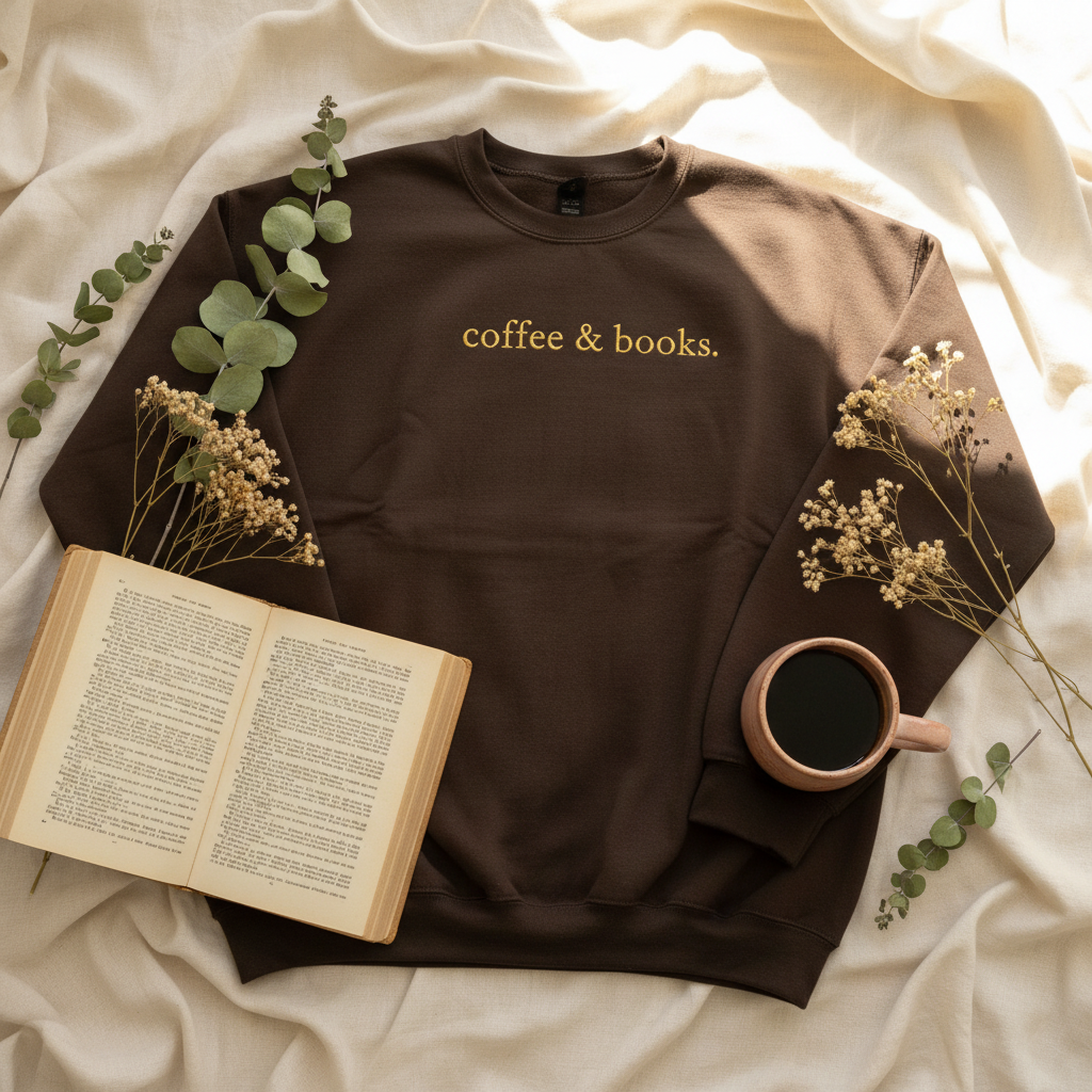 Coffee & books sweatshirt flat lay