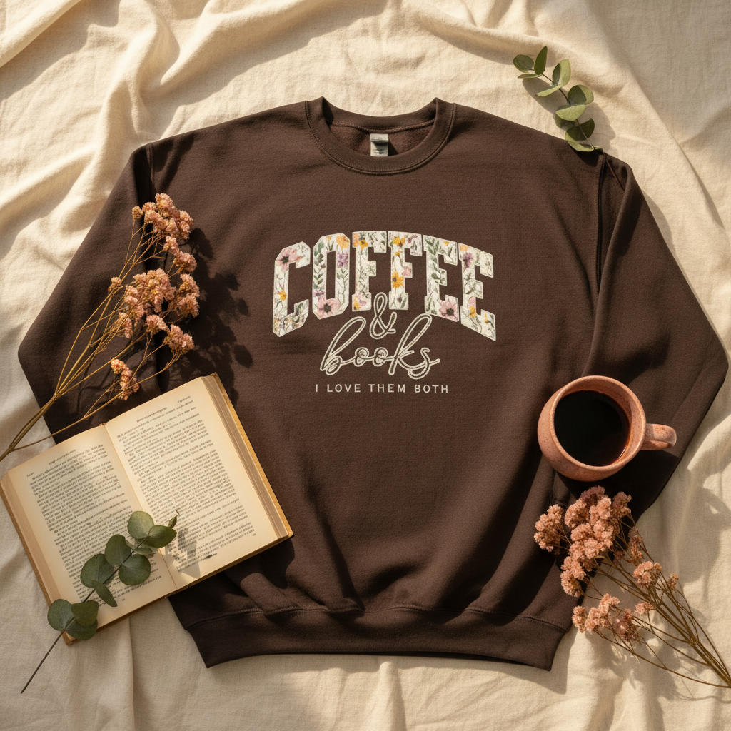 COFFEE books sweatshirt flat lay