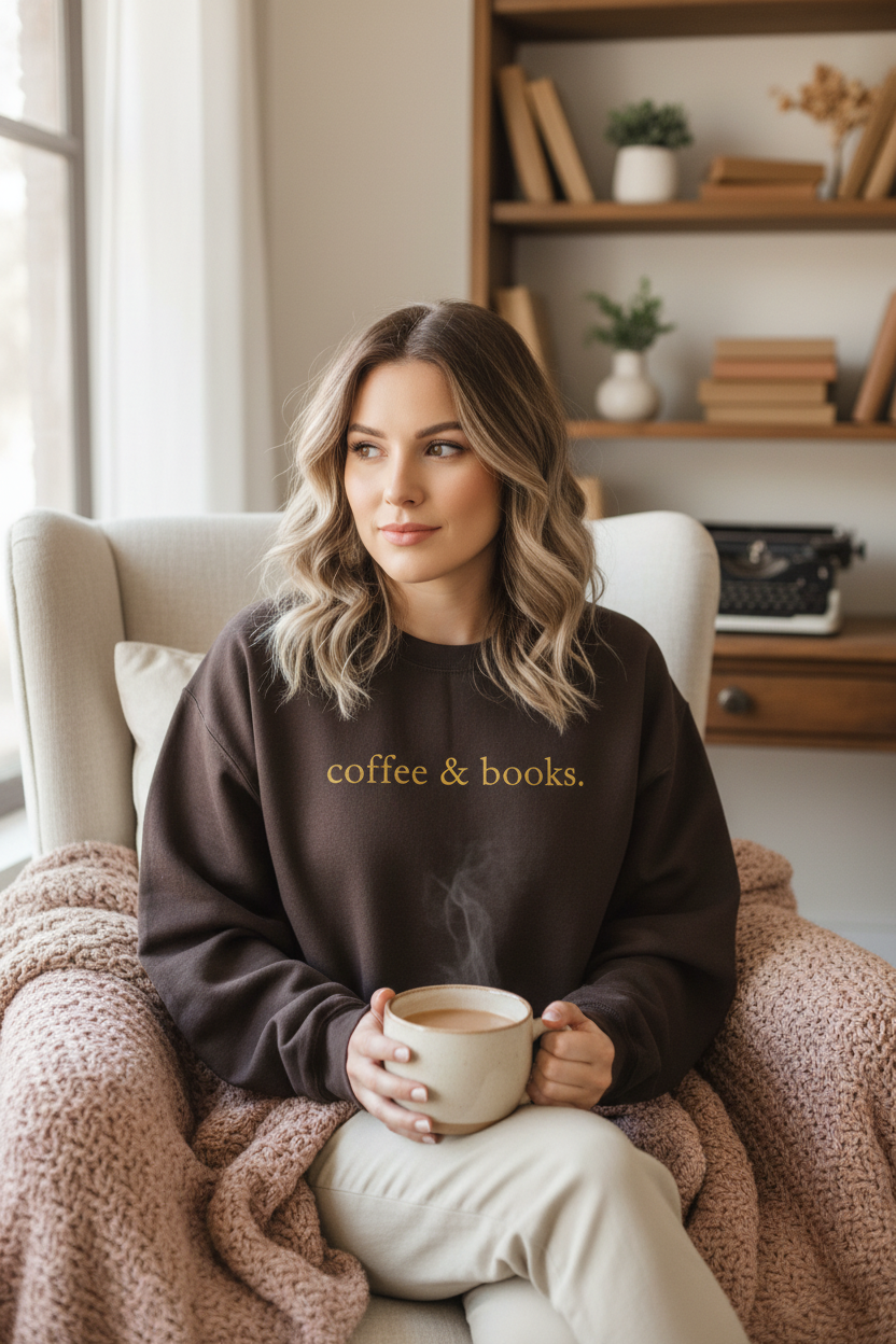 Coffee & books sweatshirt on model
