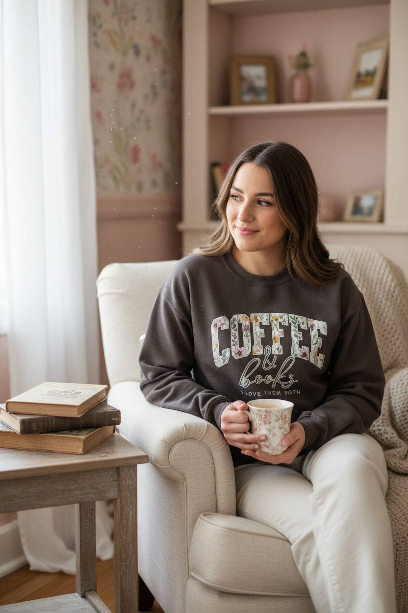 COFFEE books sweatshirt on model