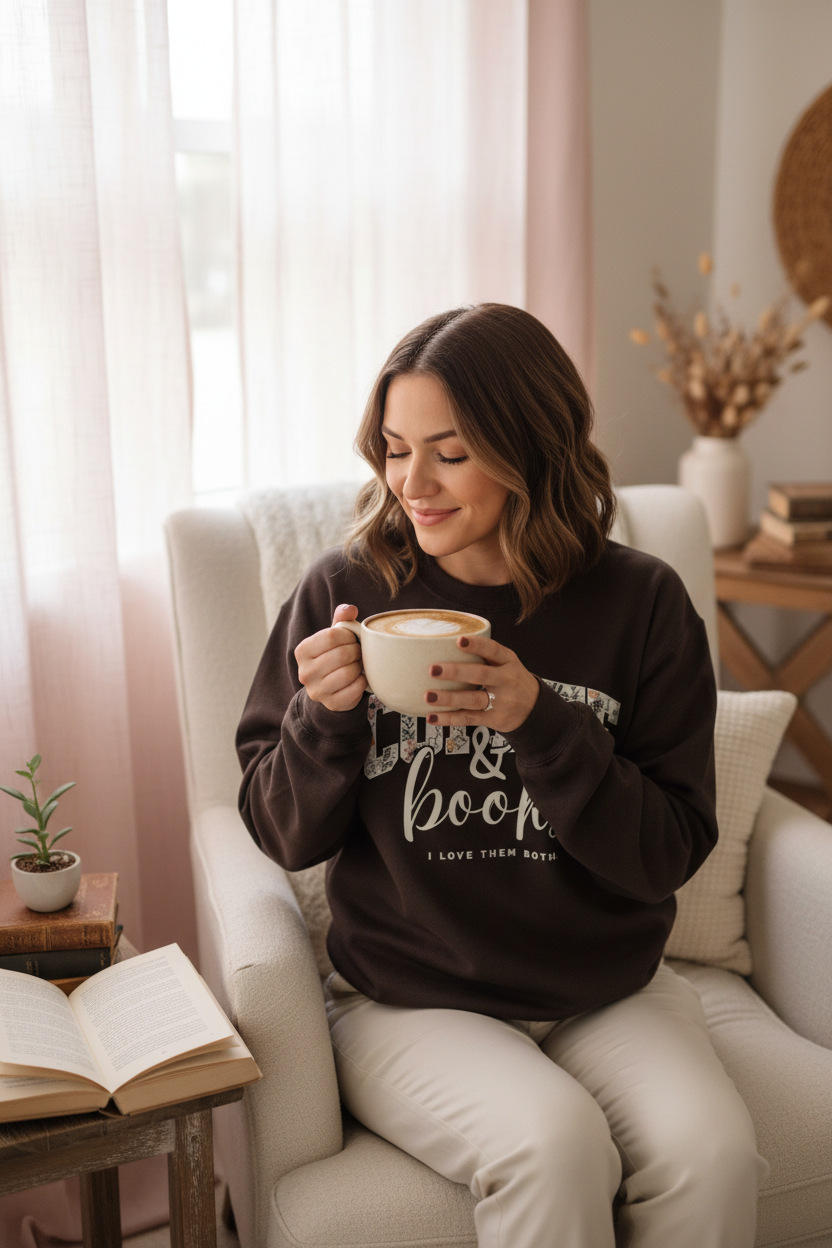 COFFEE books sweatshirt on model