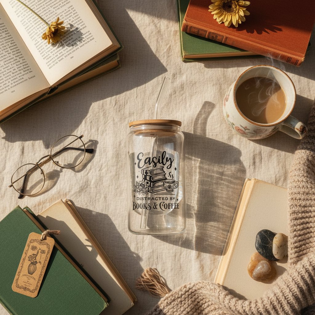 Easily Distracted tumbler flat lay