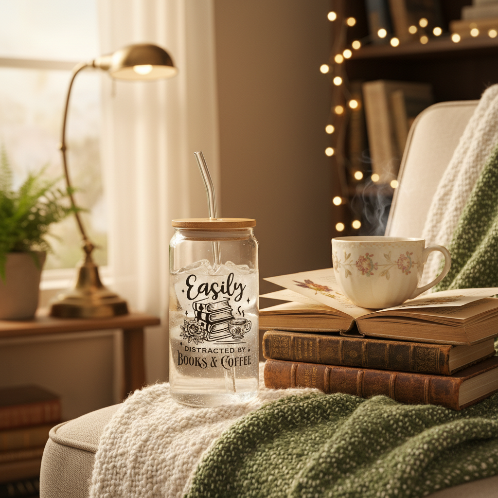 Easily Distracted tumbler with books and coffee