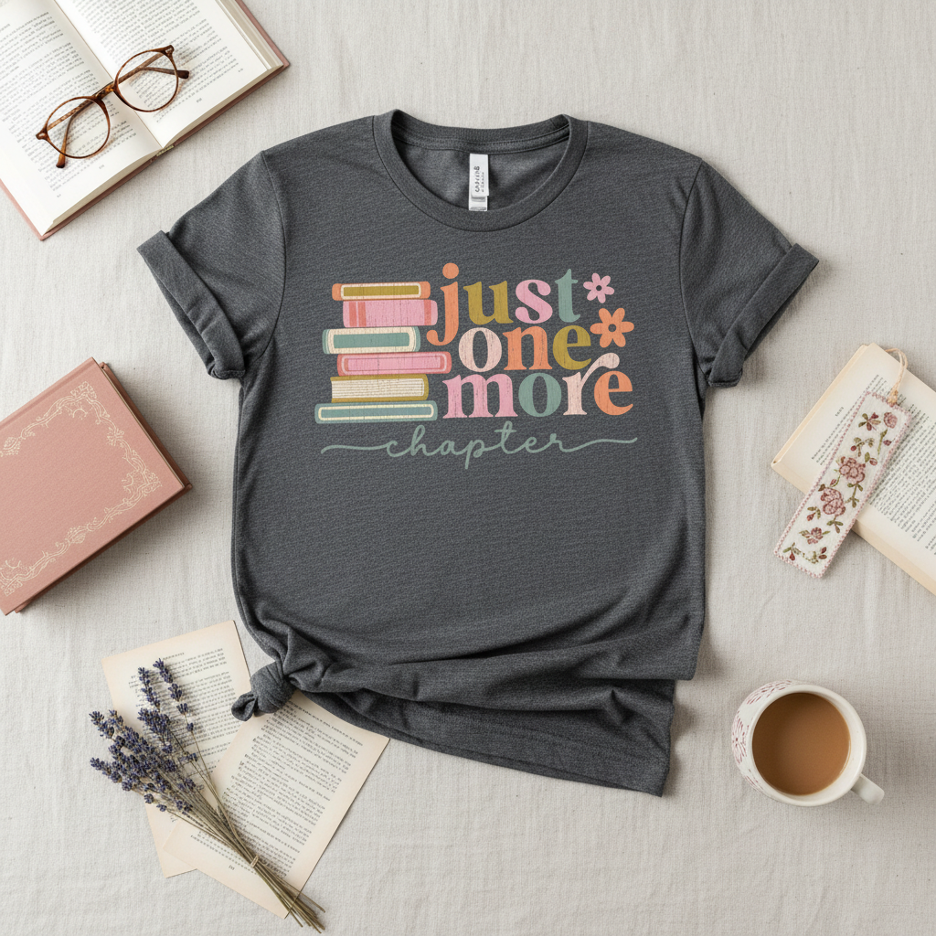 Flat lay of gray Just One More Chapter tee