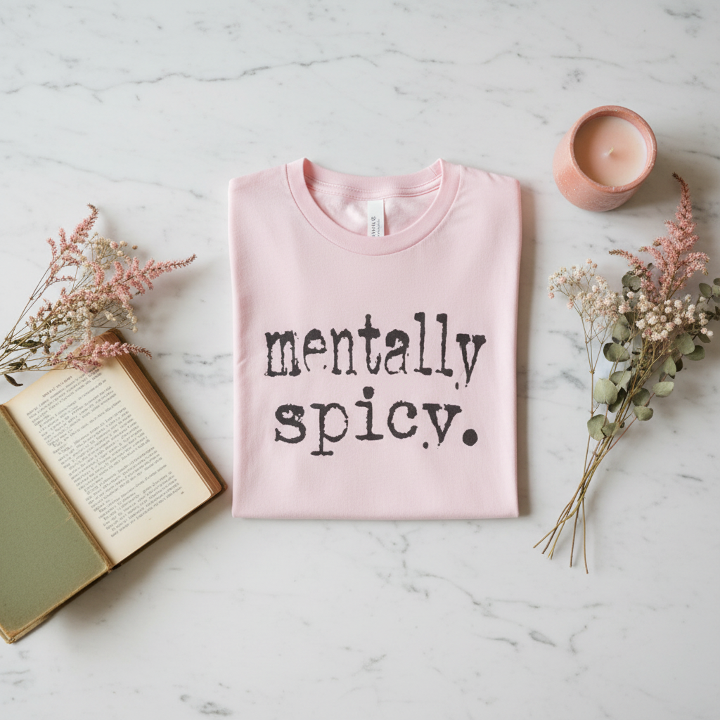 Pink mentally spicy t-shirt flat lay with book and candle