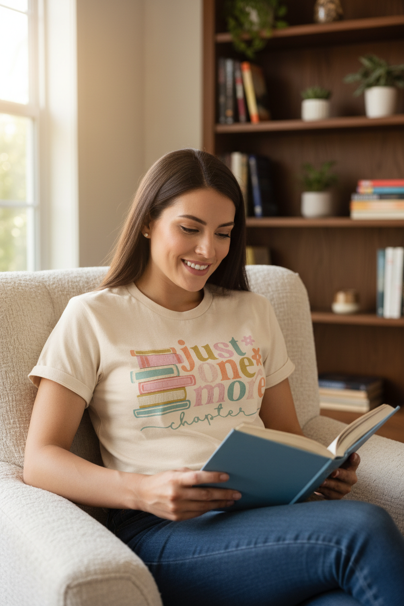 Model wearing Just One More Chapter tee
