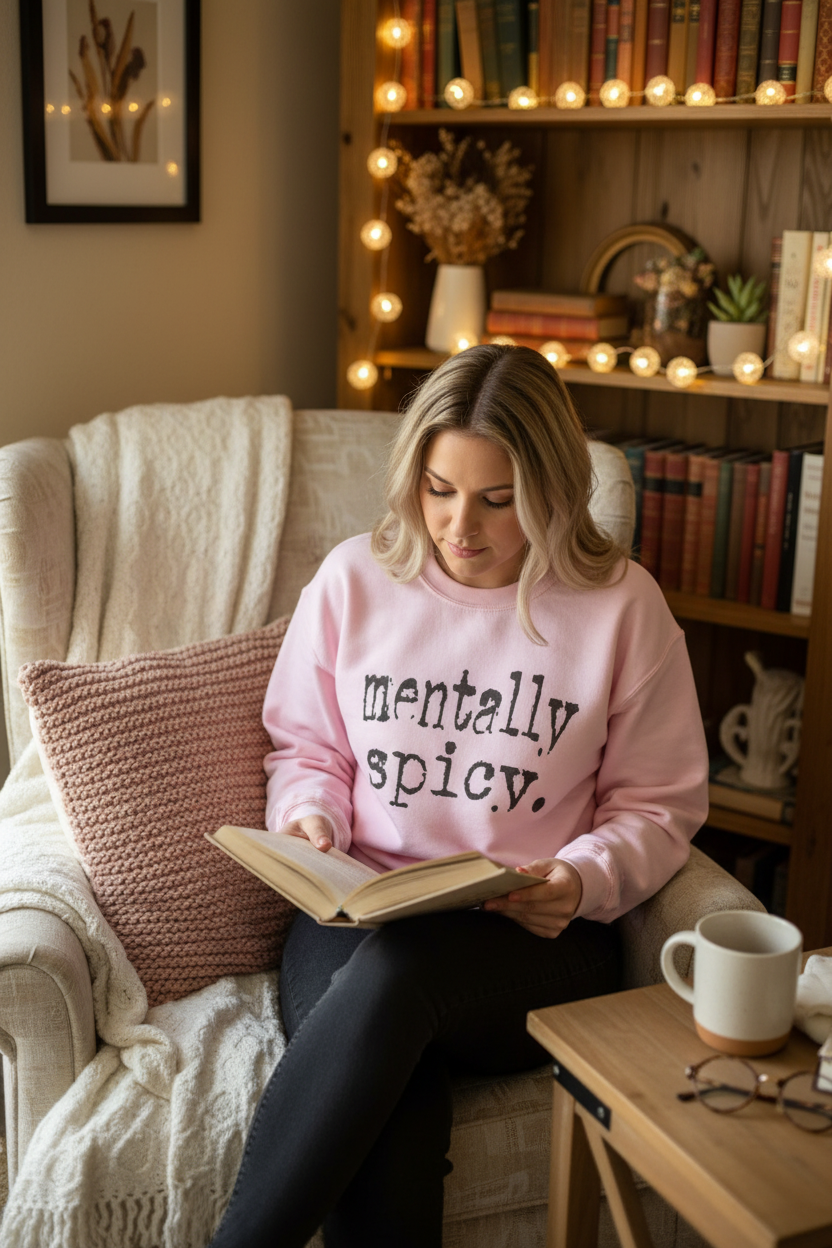 Woman wearing pink mentally spicy crewneck sweatshirt reading in a cozy nook