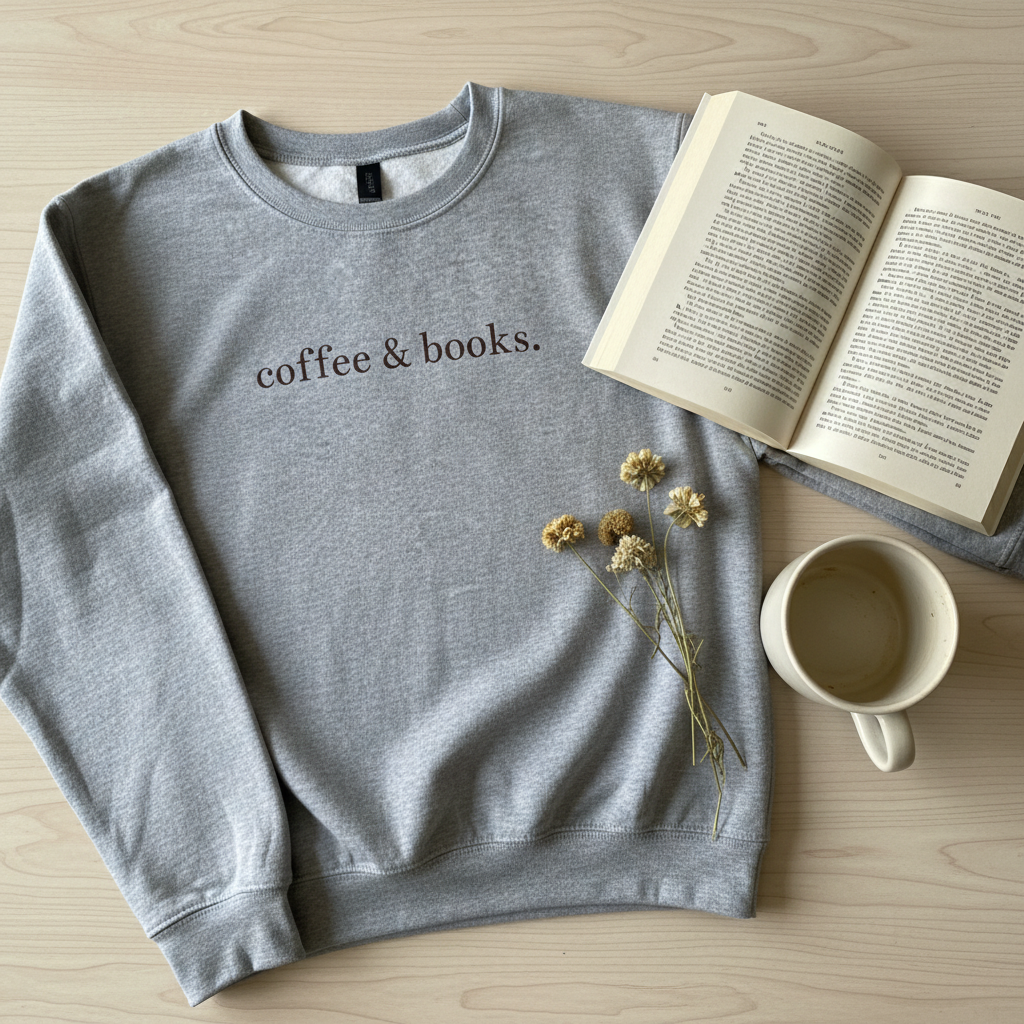 Coffee and Books sweatshirt flat lay with mug and books