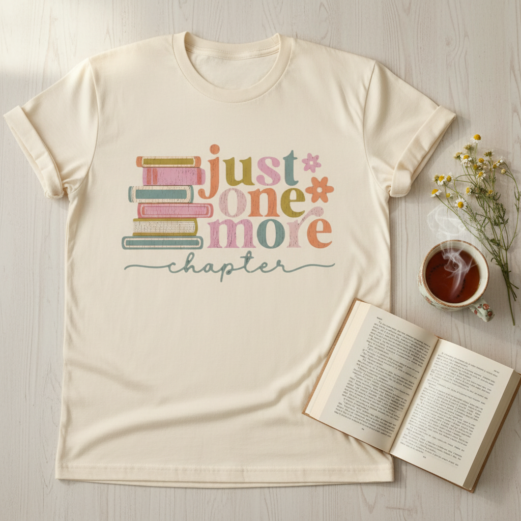 Just One More Chapter tee flat lay with books and tea