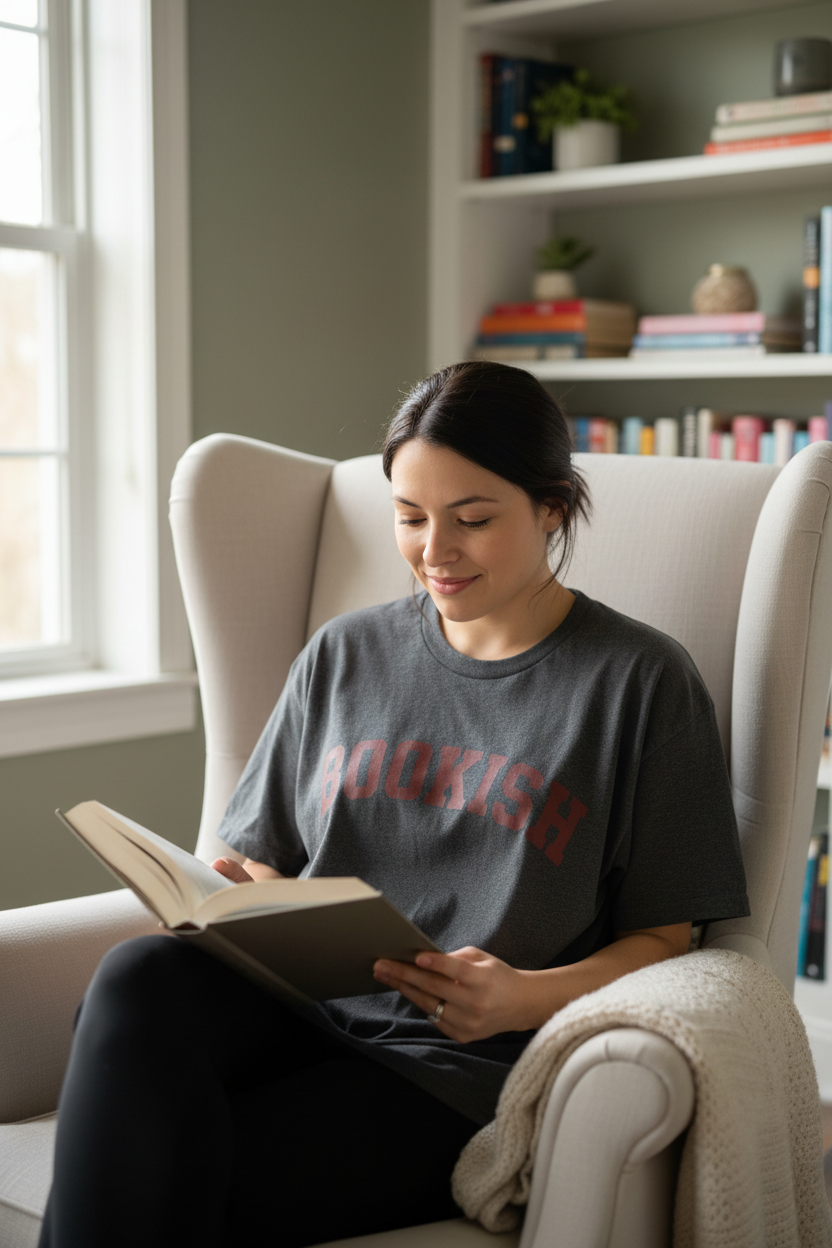 Model wearing Bookish t-shirt in cozy reading nook