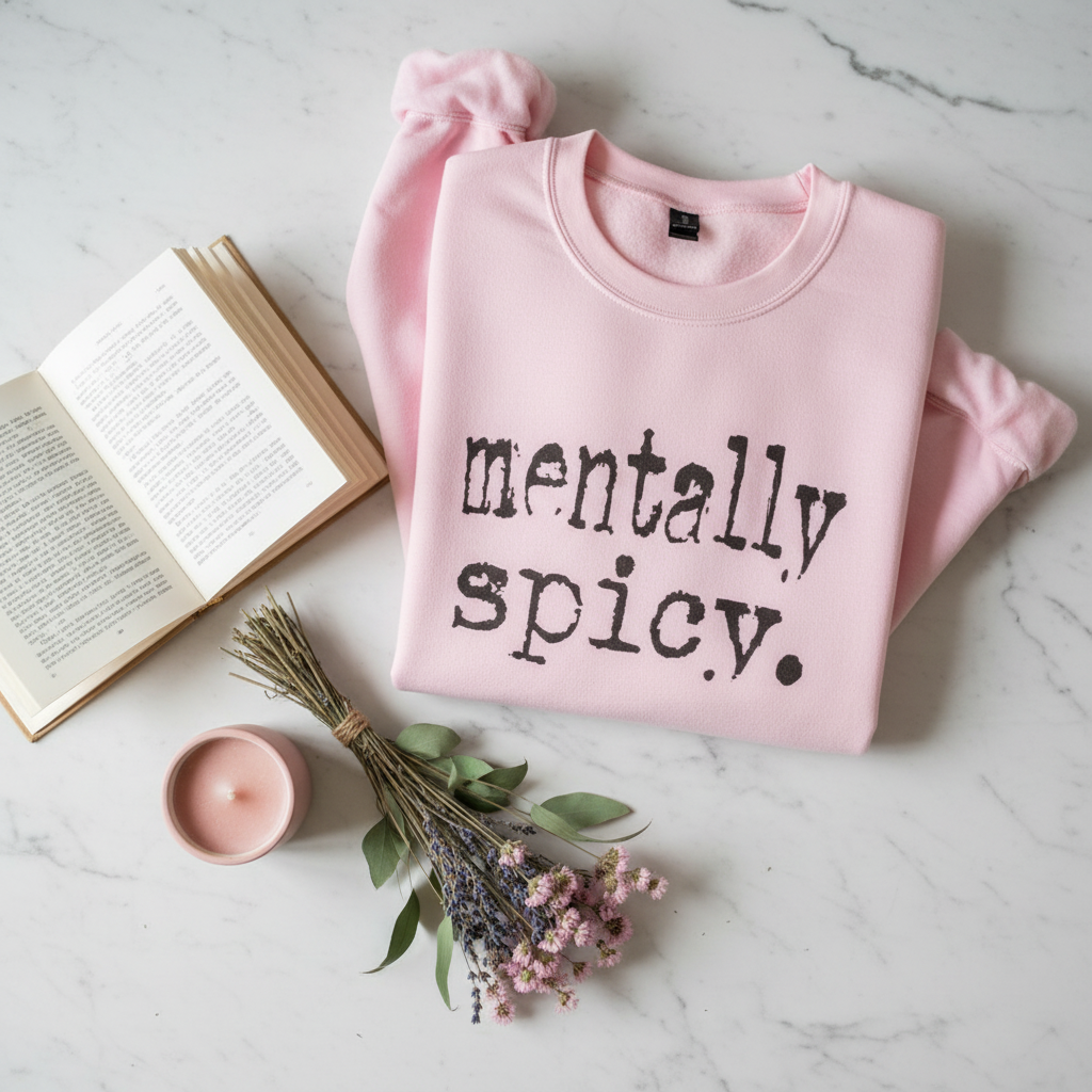 Pink mentally spicy crewneck sweatshirt flat lay with book and candle