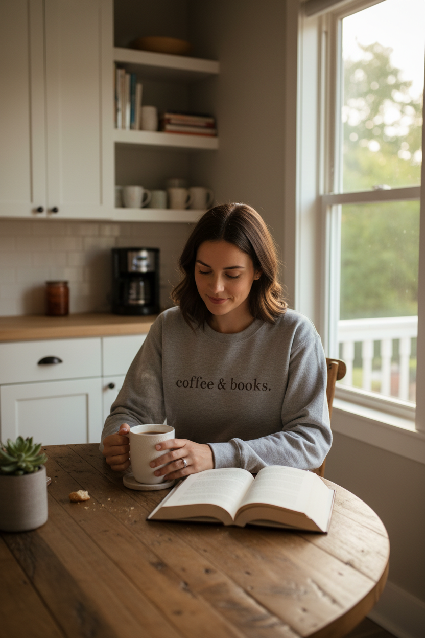 Model wearing Coffee and Books sweatshirt