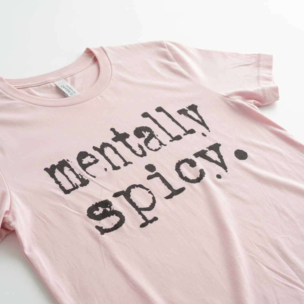 Close-up of mentally spicy. text on pink t-shirt