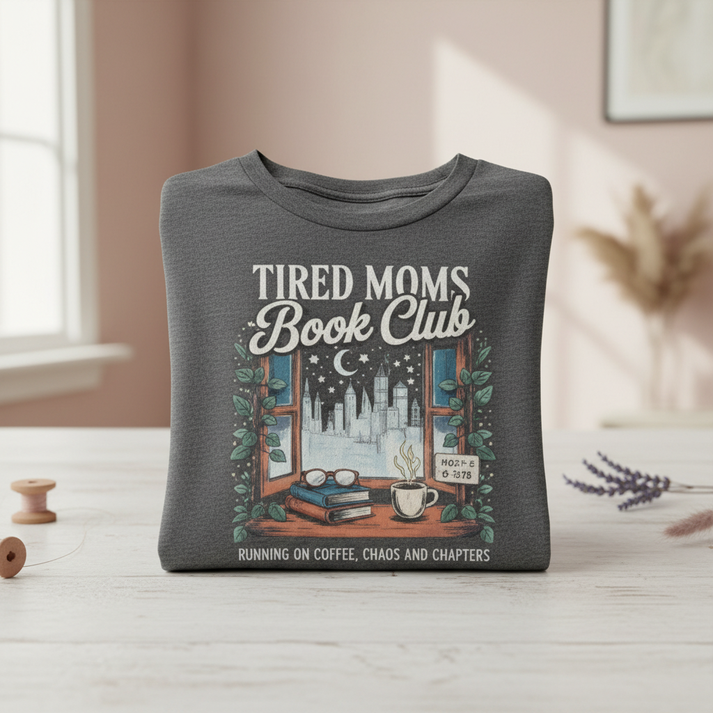TIRED MOMS Book Club t-shirt folded