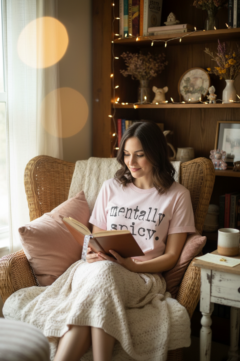 Woman wearing pink mentally spicy t-shirt reading in a cozy nook
