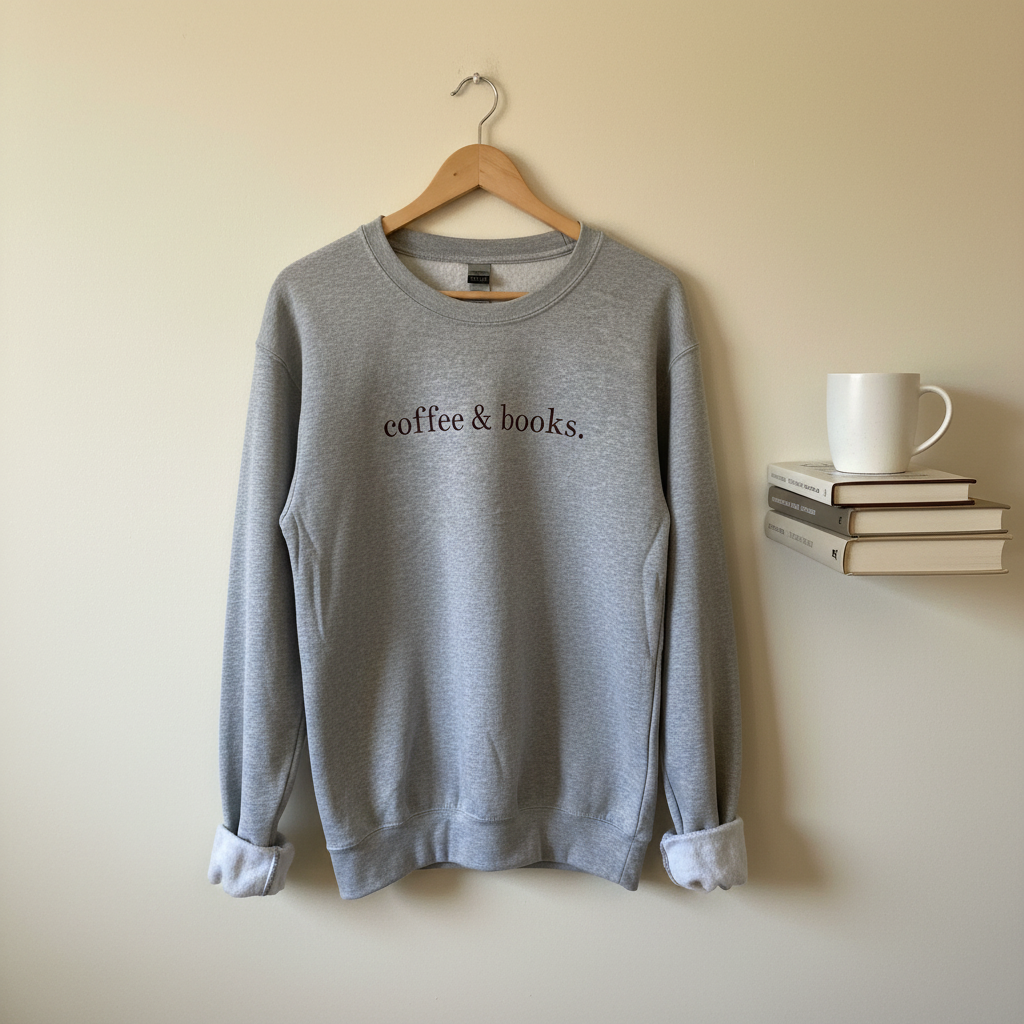 Coffee and Books sweatshirt on wooden hanger