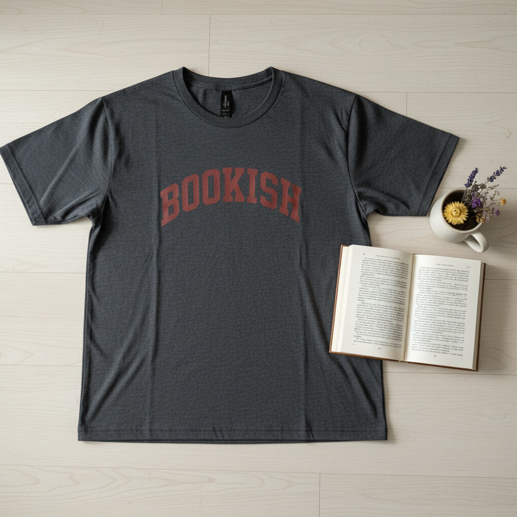 Bookish t-shirt flat lay with books and dried flowers