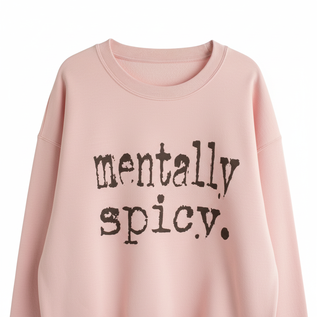 Close-up of mentally spicy. text on pink crewneck sweatshirt