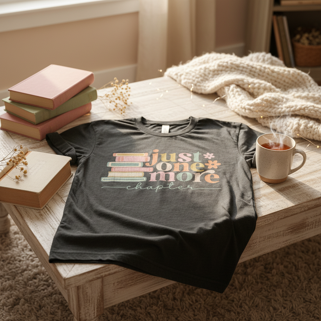 Lifestyle photo of gray Just One More Chapter tee