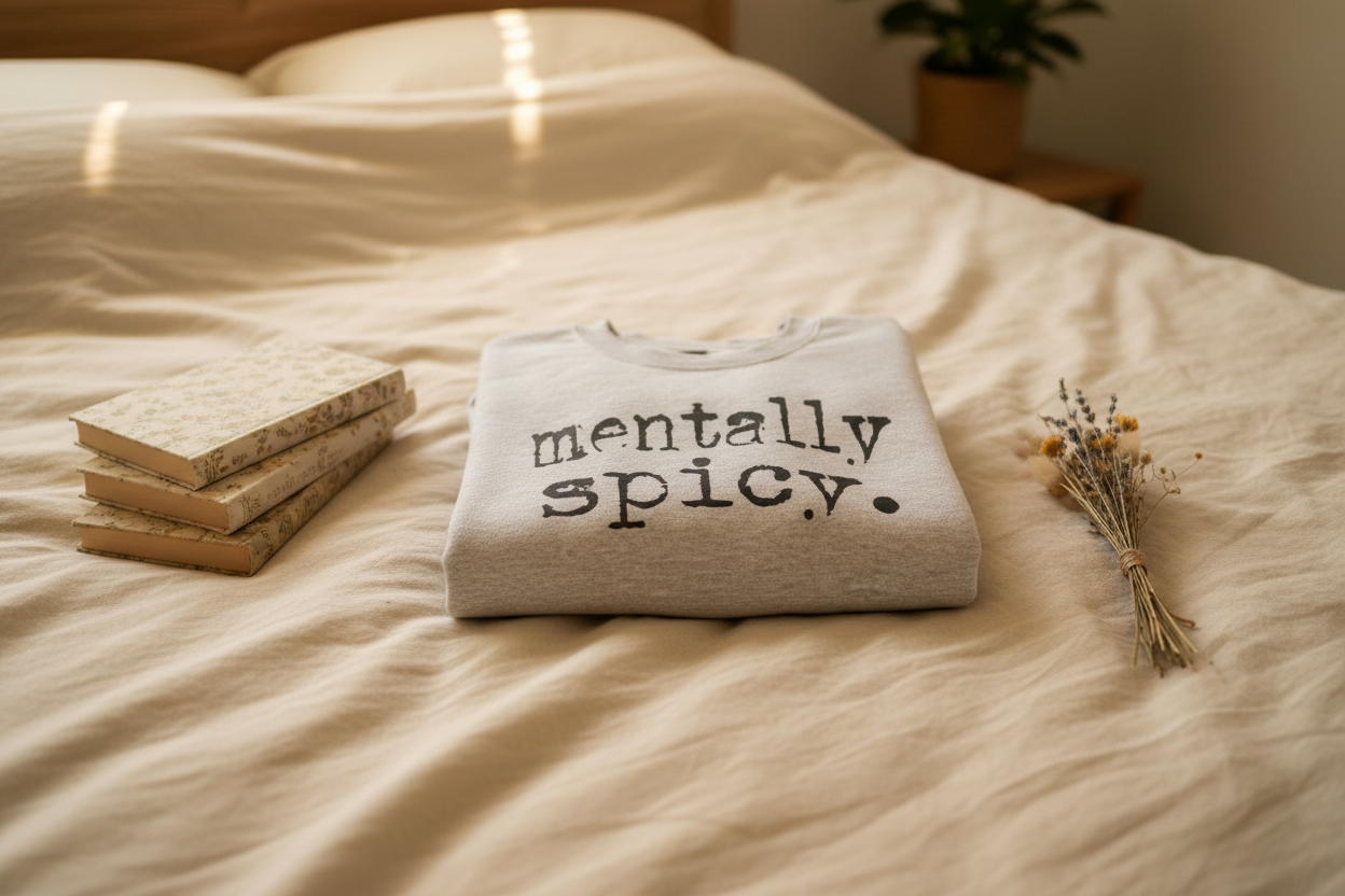Mentally Spicy sweatshirt folded on bed