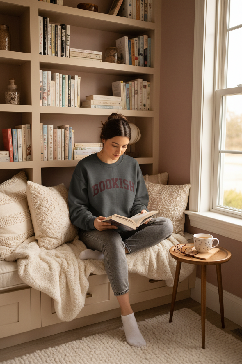 Model wearing Bookish sweatshirt