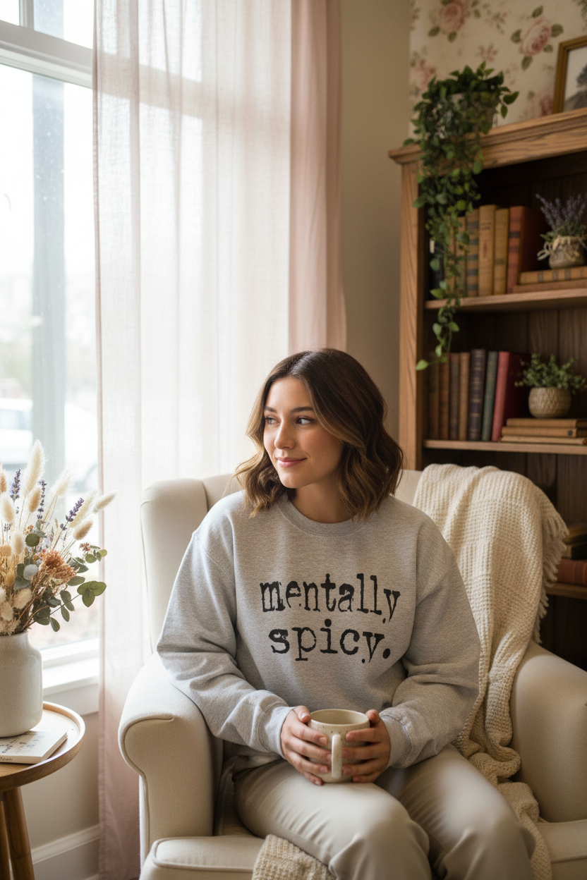 Model wearing Mentally Spicy sweatshirt