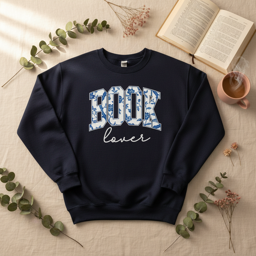 Navy BOOK lover sweatshirt flat lay