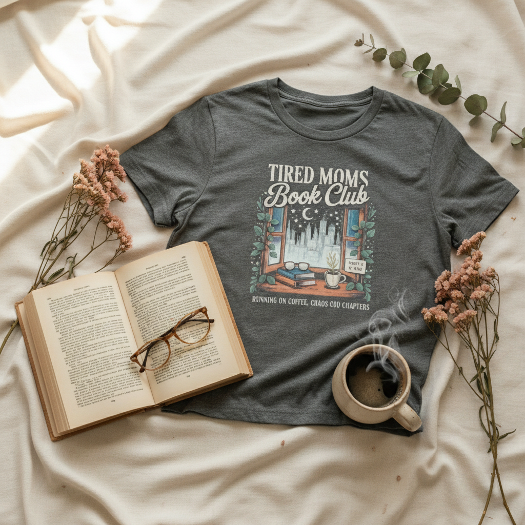 TIRED MOMS Book Club t-shirt flat lay