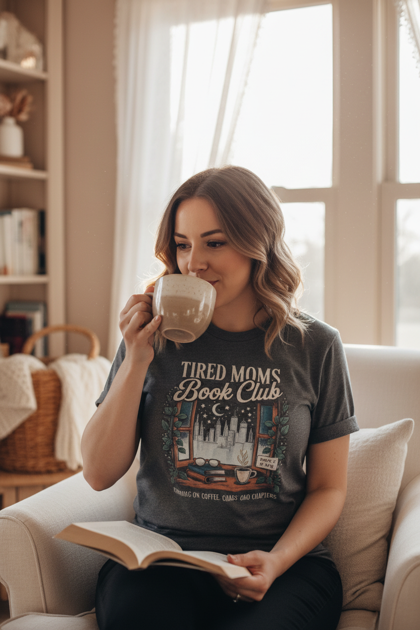 TIRED MOMS Book Club t-shirt on model
